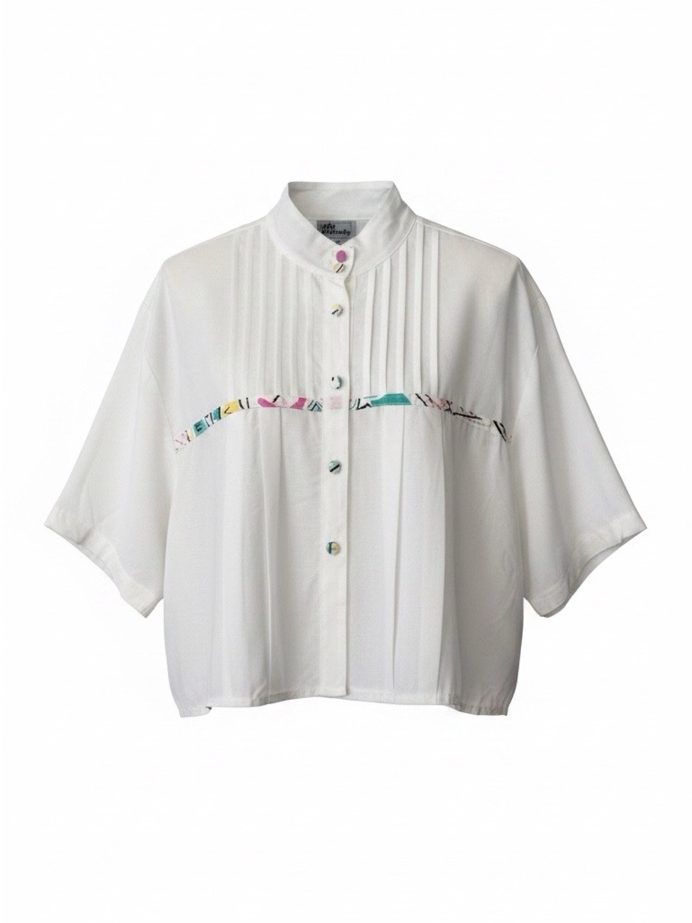 VTG Body Body White Short-Sleeve Button Front Blouse Padded Shoulder